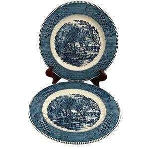 Currier & Ives Old Grist Mill Dinner Plates Lot of 2 Blue White Royal China 10"